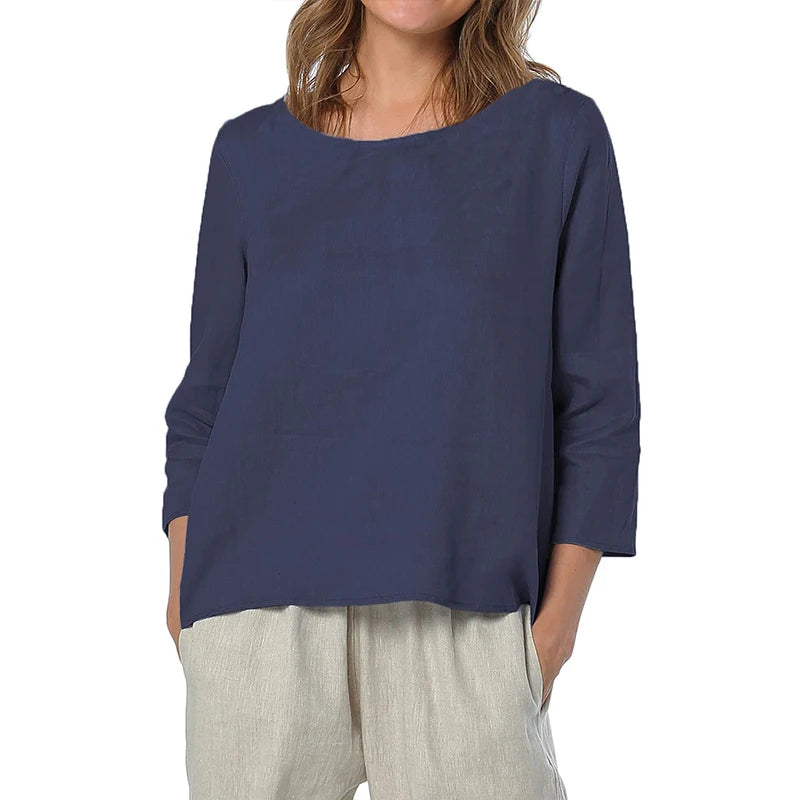 Women's Linen Loose Round-Neck Three-Quarter-Sleeve Blouse with Asymmetric Hem for Summer Outfits