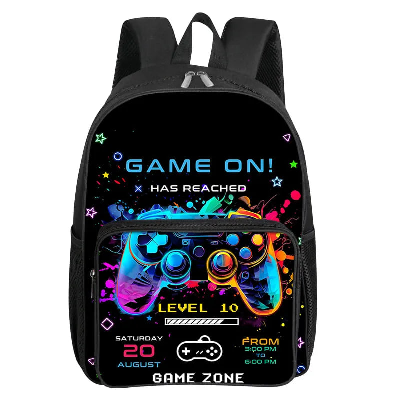 Children's Gamepad Print Backpack with Front Pocket and Twin Shoulder Straps