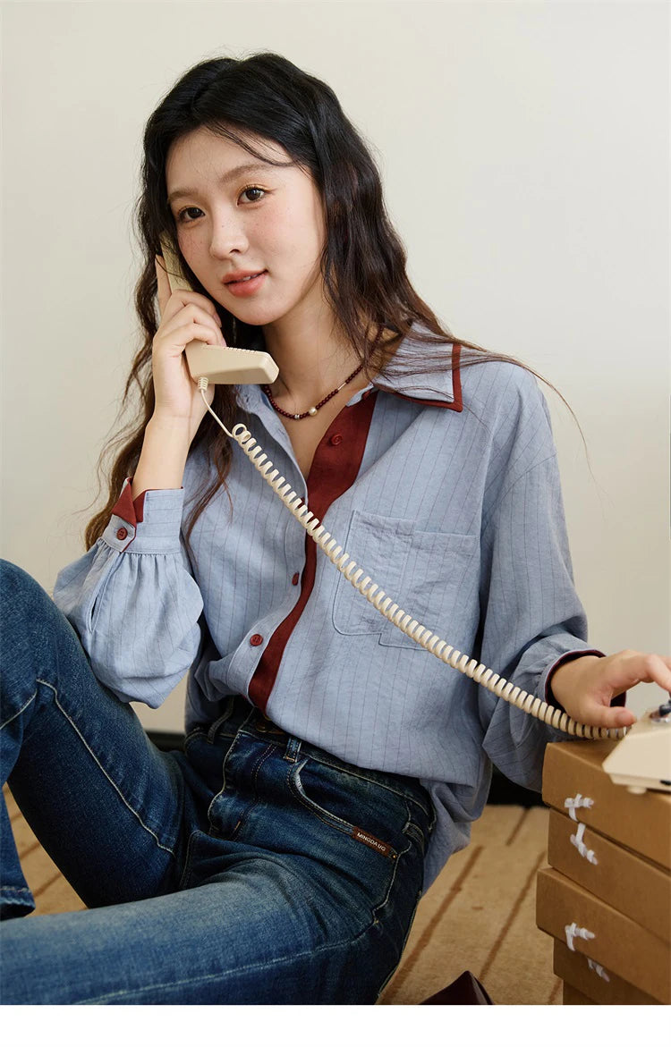 Women's Striped Shirt with Contrast Collar and Buttons