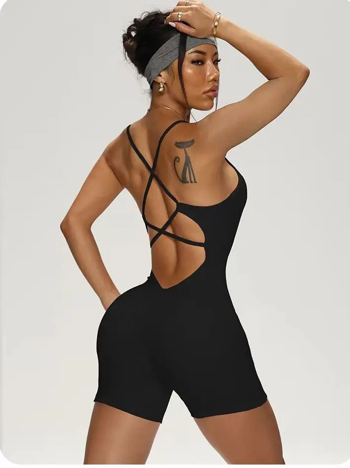 Women's Ribbed Nylon Blend Workout Romper with Lace Up Open Back