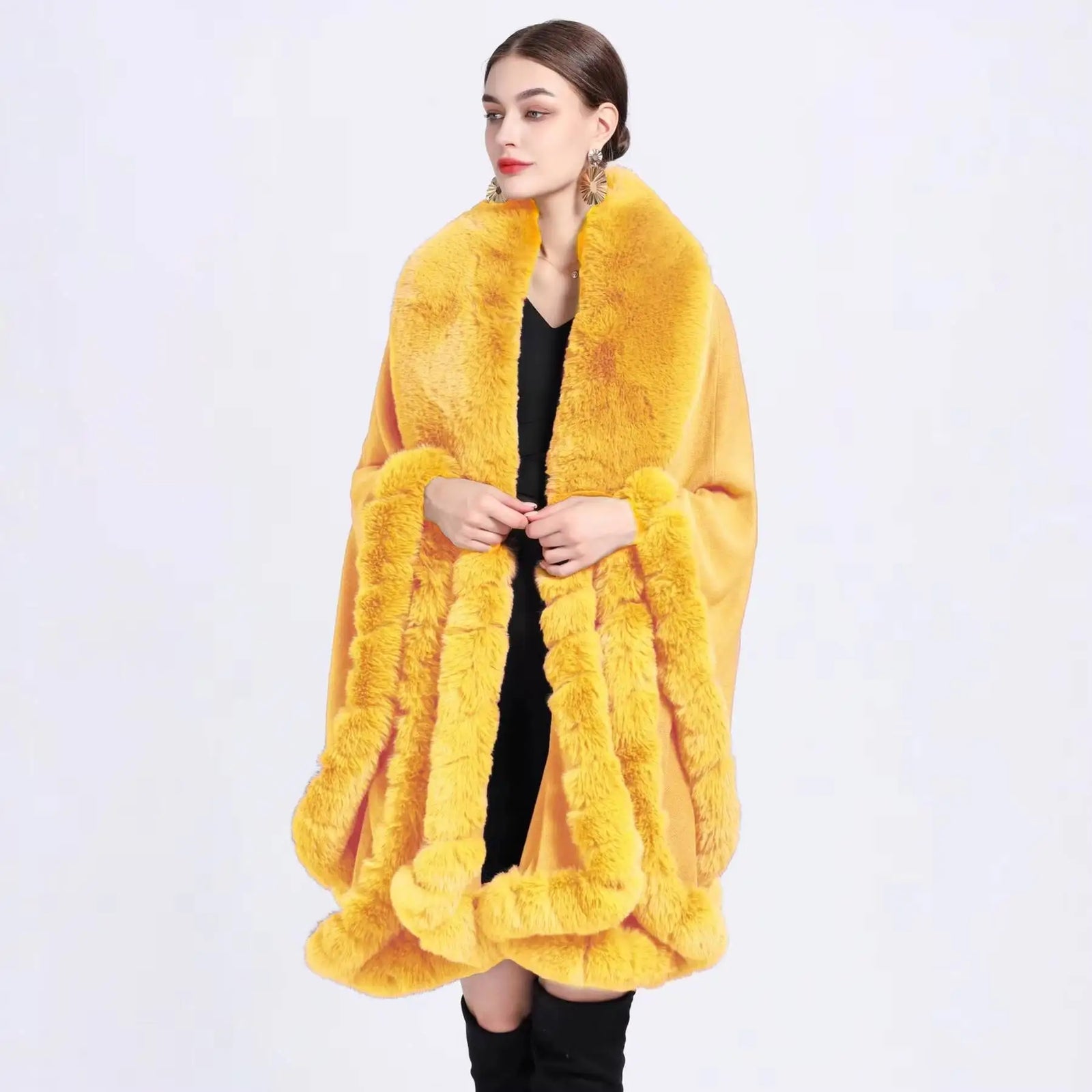 Plush Trim Open Front Cape for Layering over Outfits