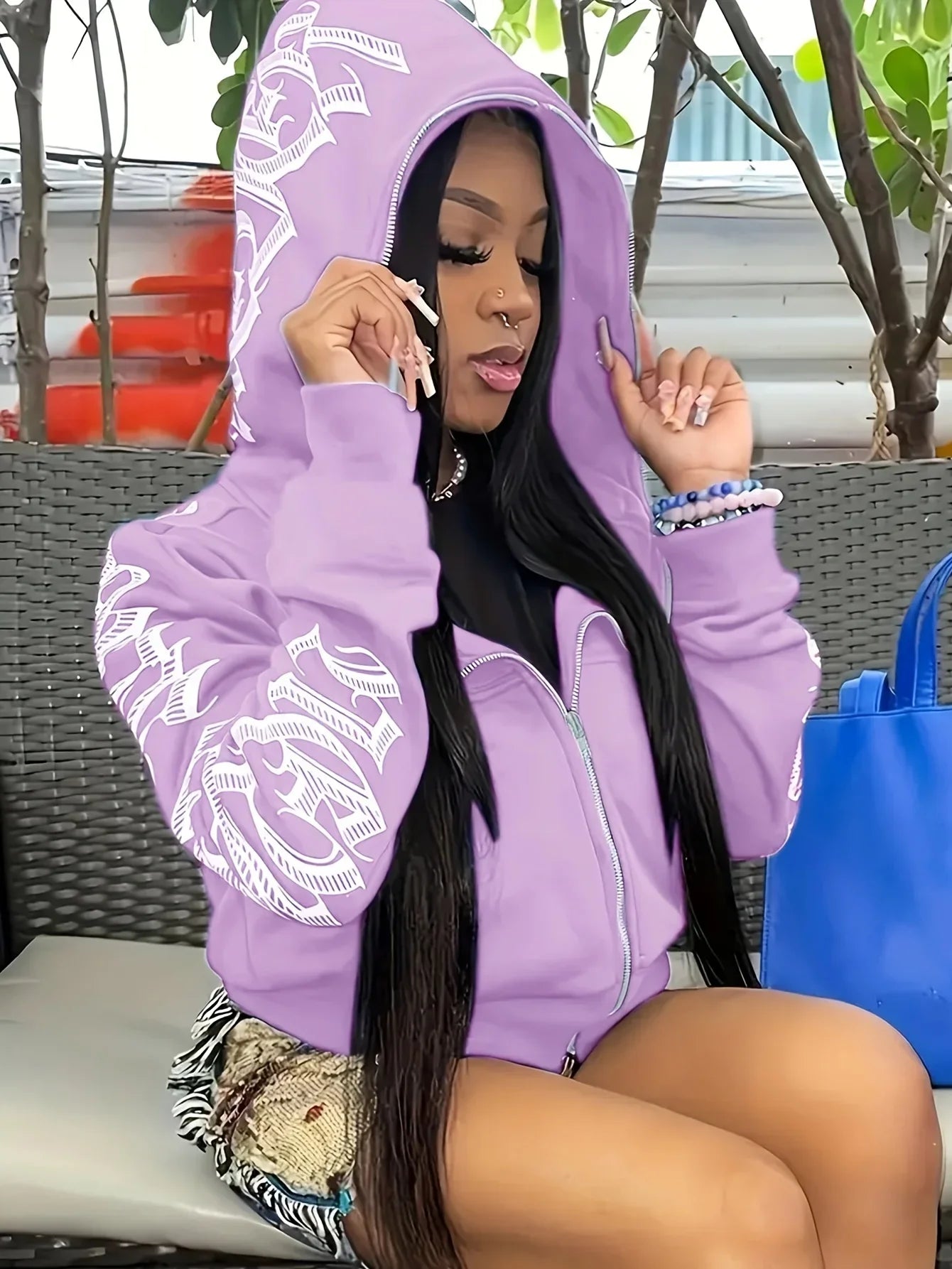 Letter Graphic Long Sleeve Full Zip Casual Hoodie