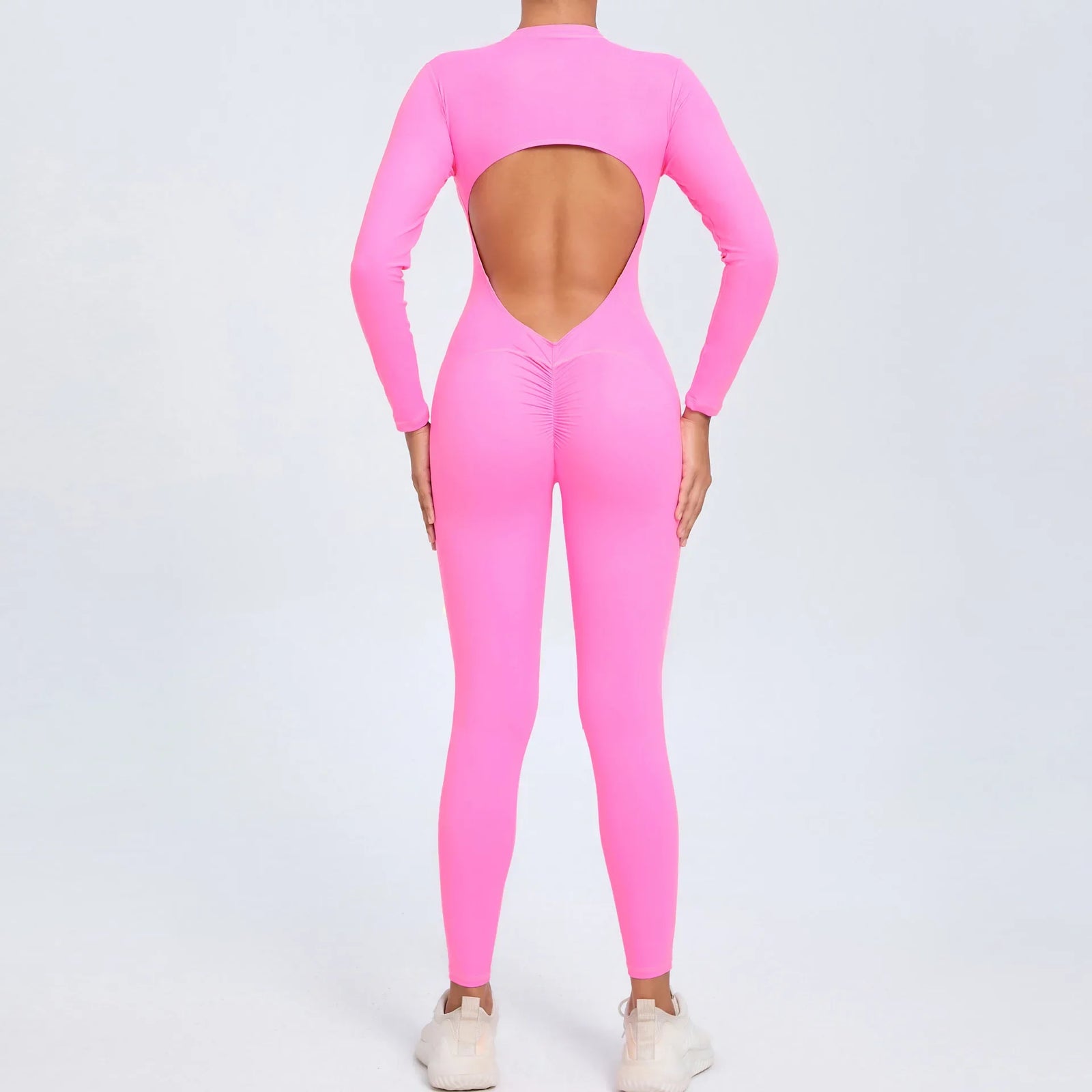 Women's Long Sleeve Nylon Blend Workout Jumpsuit with Zip and Back Cutout
