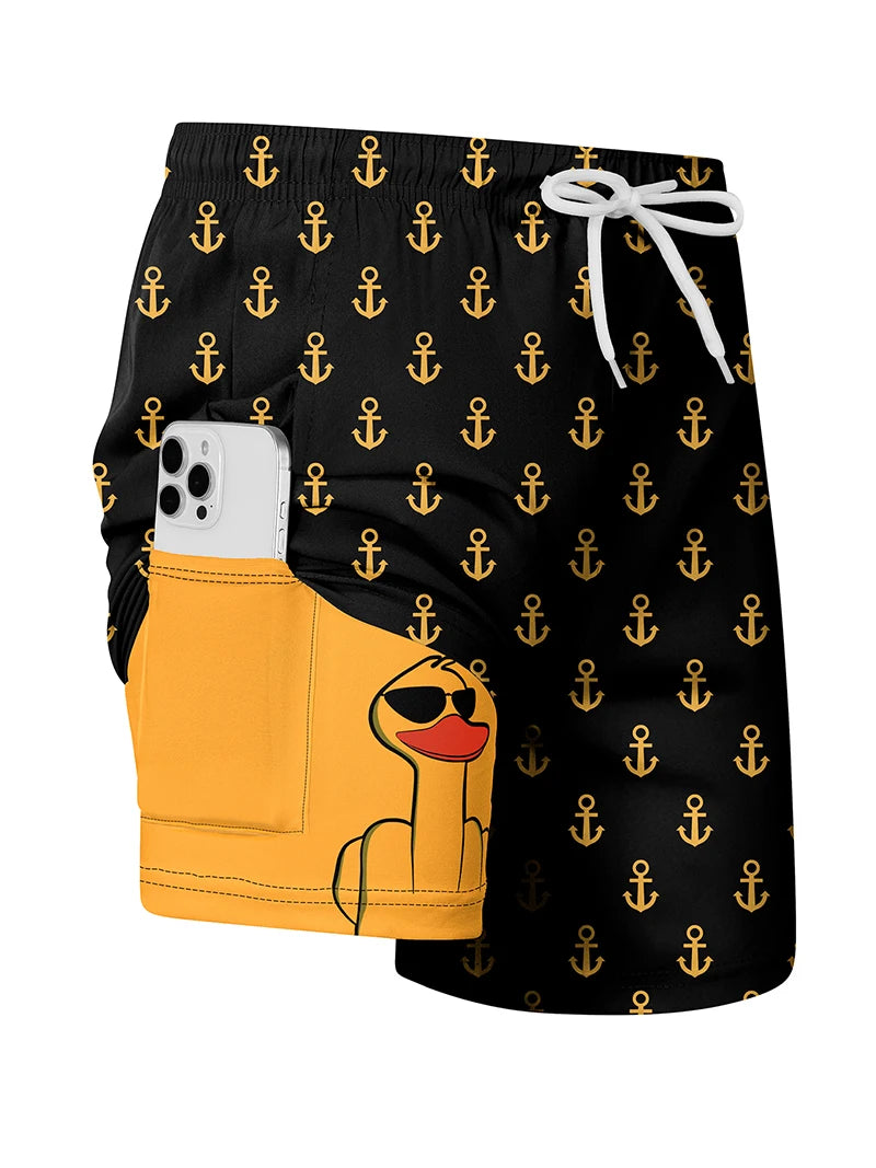 Men's Swim Shorts with Printed Design and Phone Pocket for Beach and Pool Wear