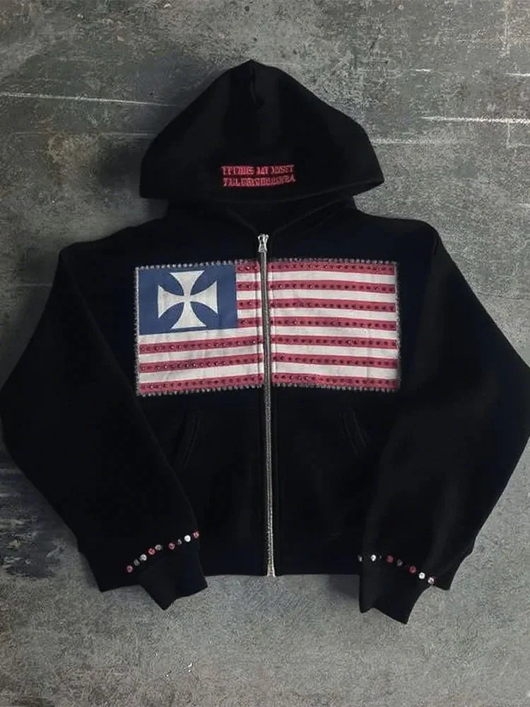 Men's Flag-Graphic Long-Sleeve Zip-Front Hoodie