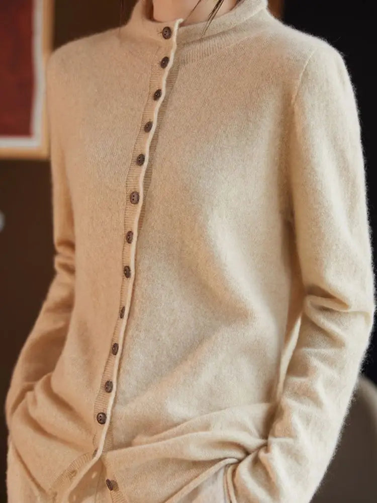 Women's Wool Solid Long-Sleeve Button-Front Knit Cardigan for Autumn Winter Layered Outfits