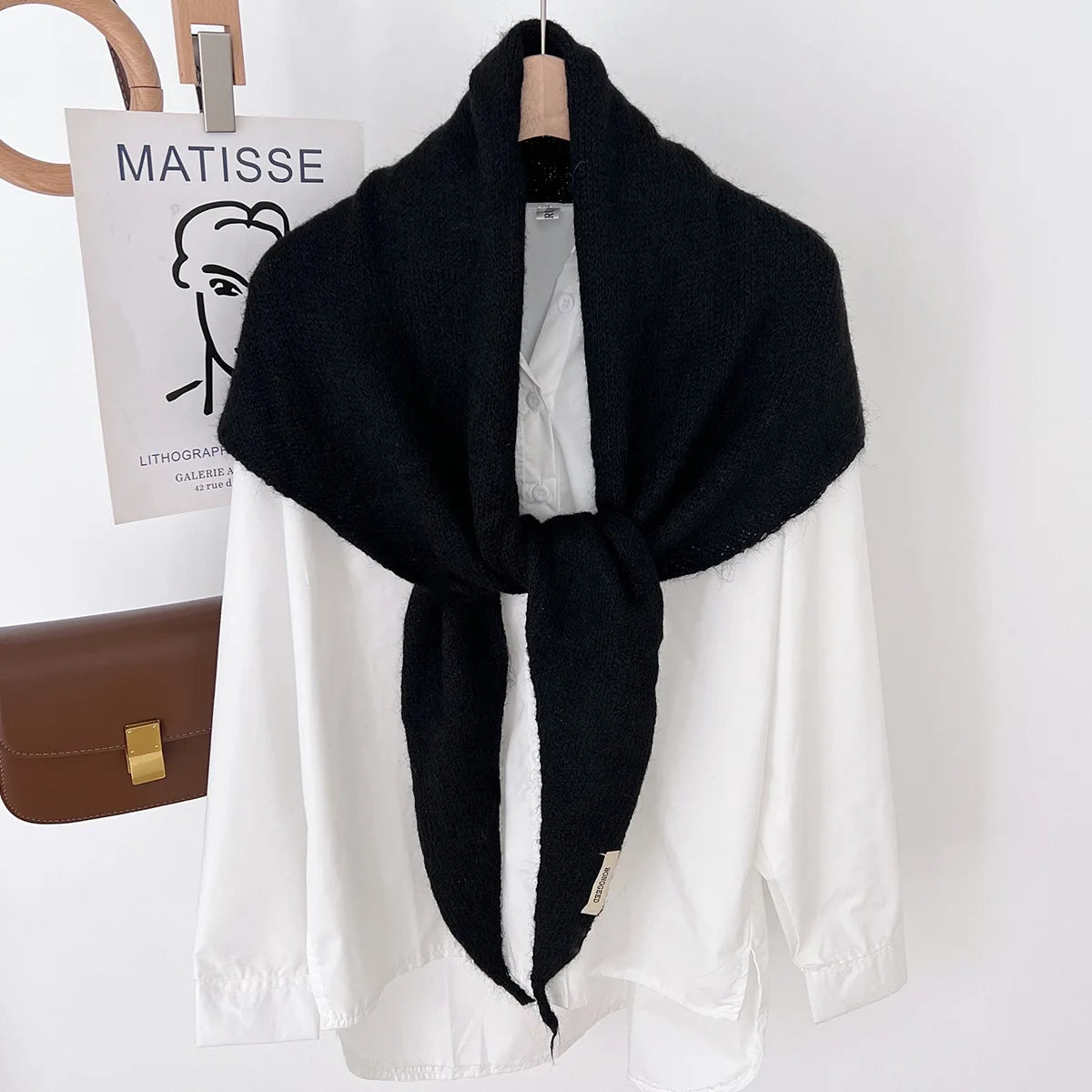 Solid Knitted Triangle Scarf with Long Pointed Ends
