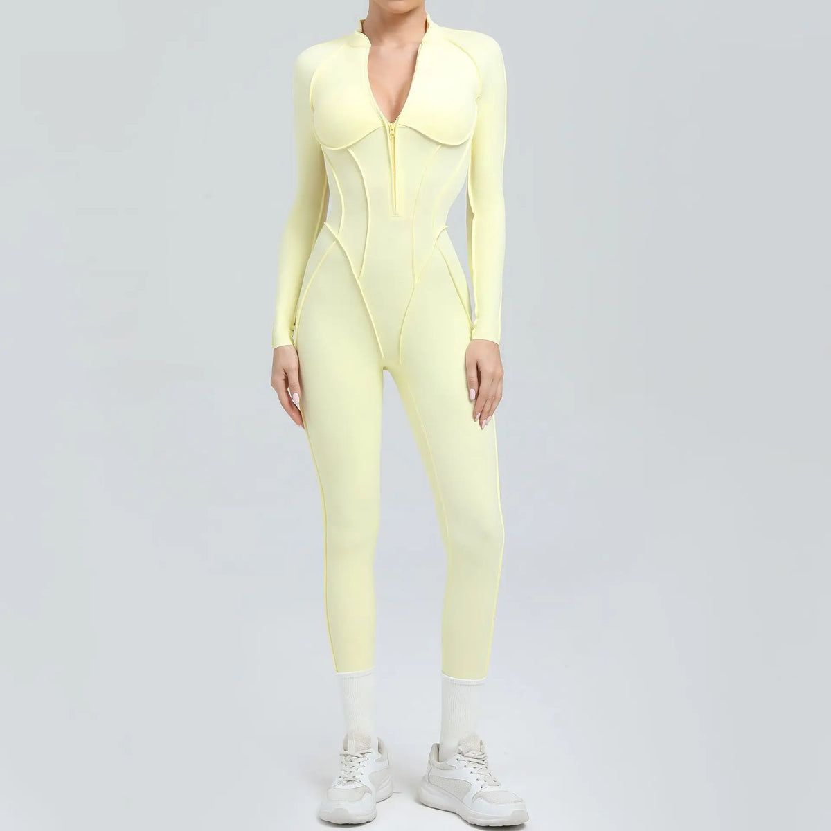 Women's Zip Front Contour Seam Workout One Piece in Long and Short Styles