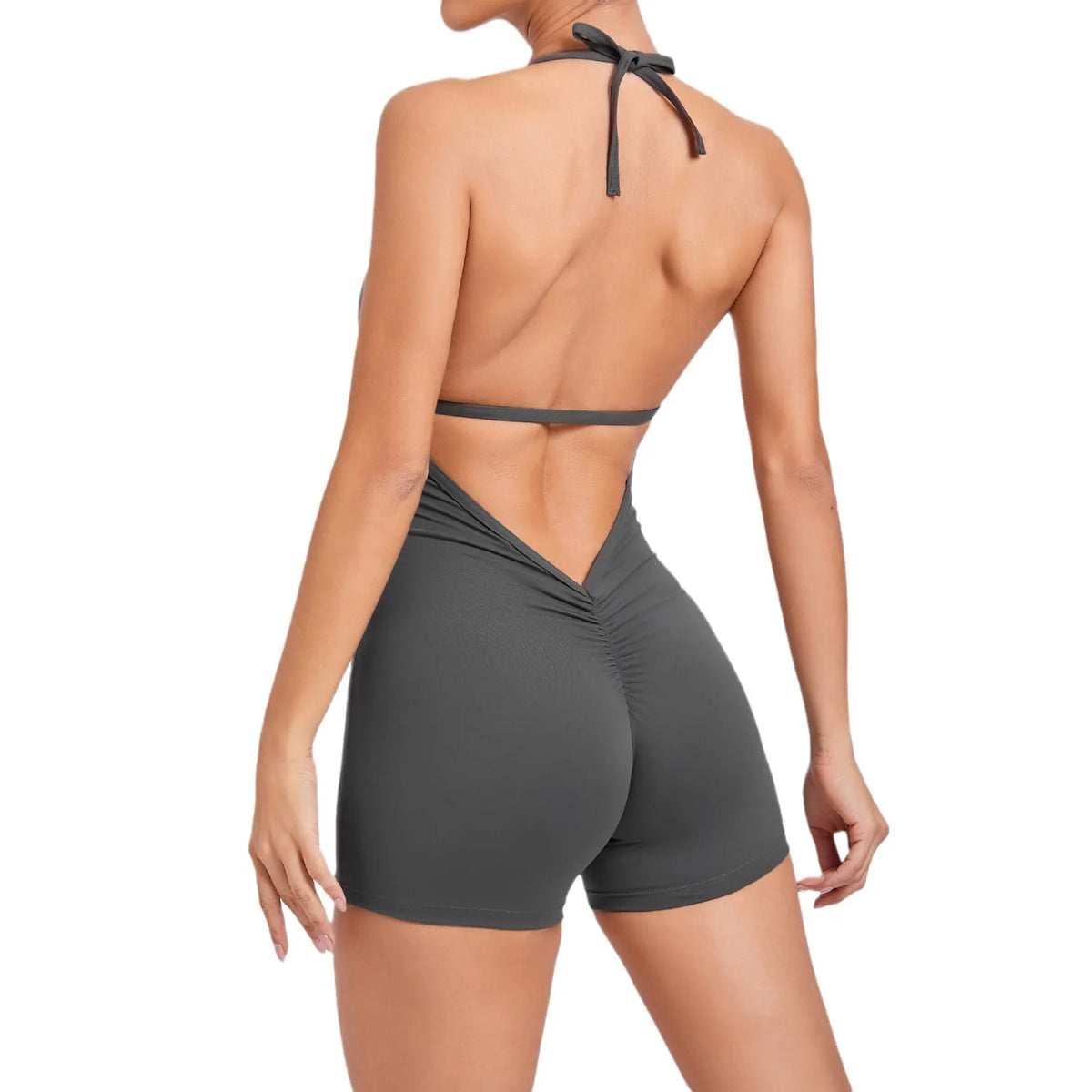 Women's Deep V Halter Nylon Blend Workout Romper with Open Back