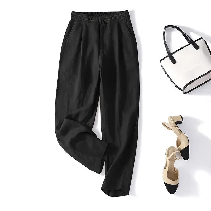 Women's Linen-Viscose High-Waist Straight-Leg Full-Length Pants with Button Fly for Casual Outfits