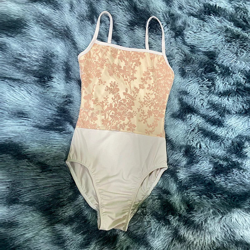 Women's Floral Lace Camisole Ballet Leotard with Low Back Design