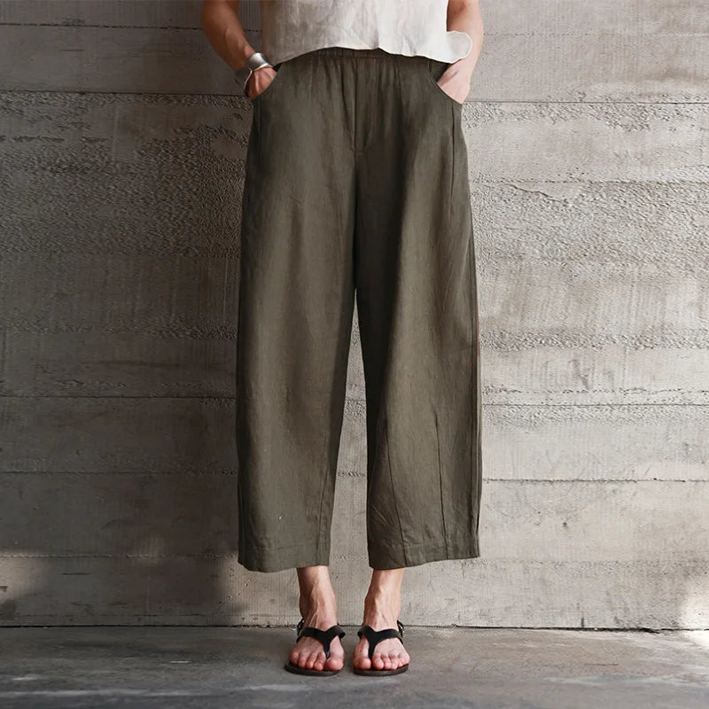 Women's Linen Loose Straight-Leg Ankle-Length Pants with Elastic Waist and Practical Pockets