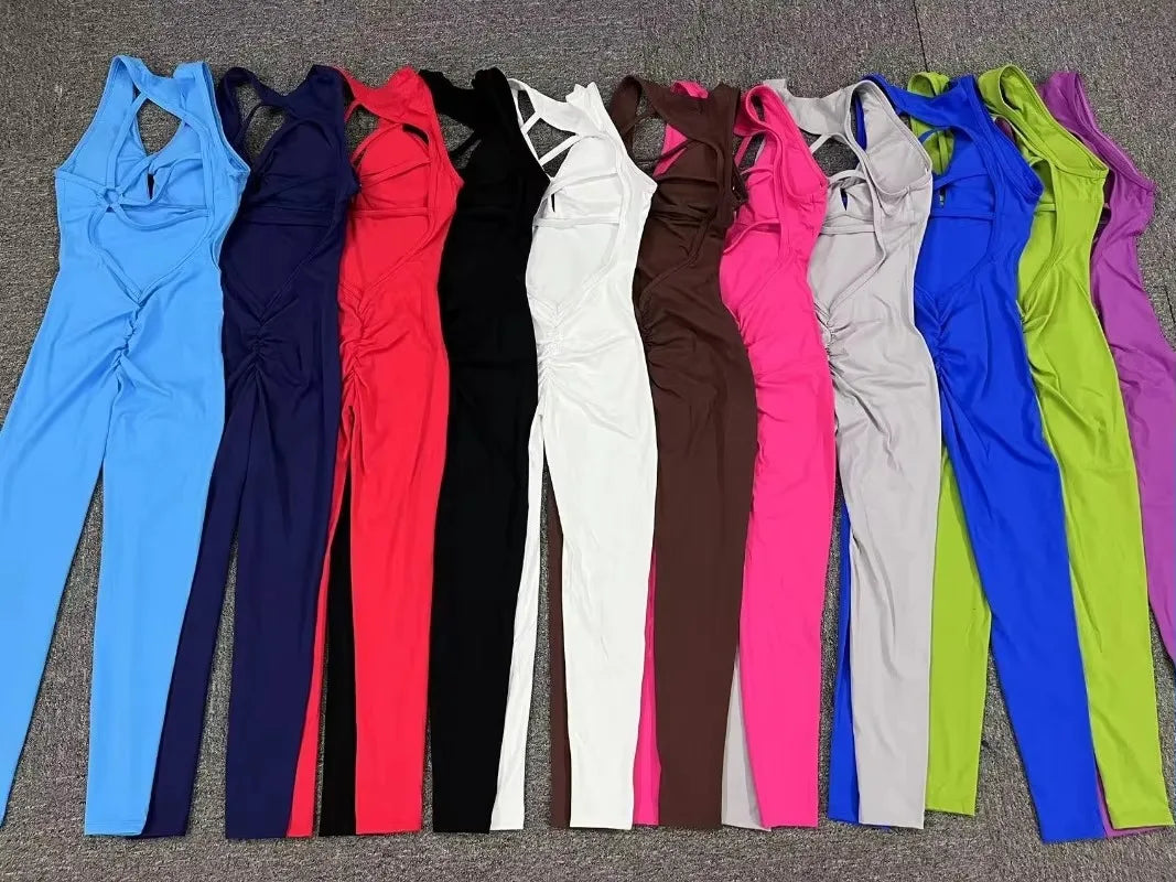 Women's Cross Back Workout Jumpsuit with Front Keyhole and Fitted Legs