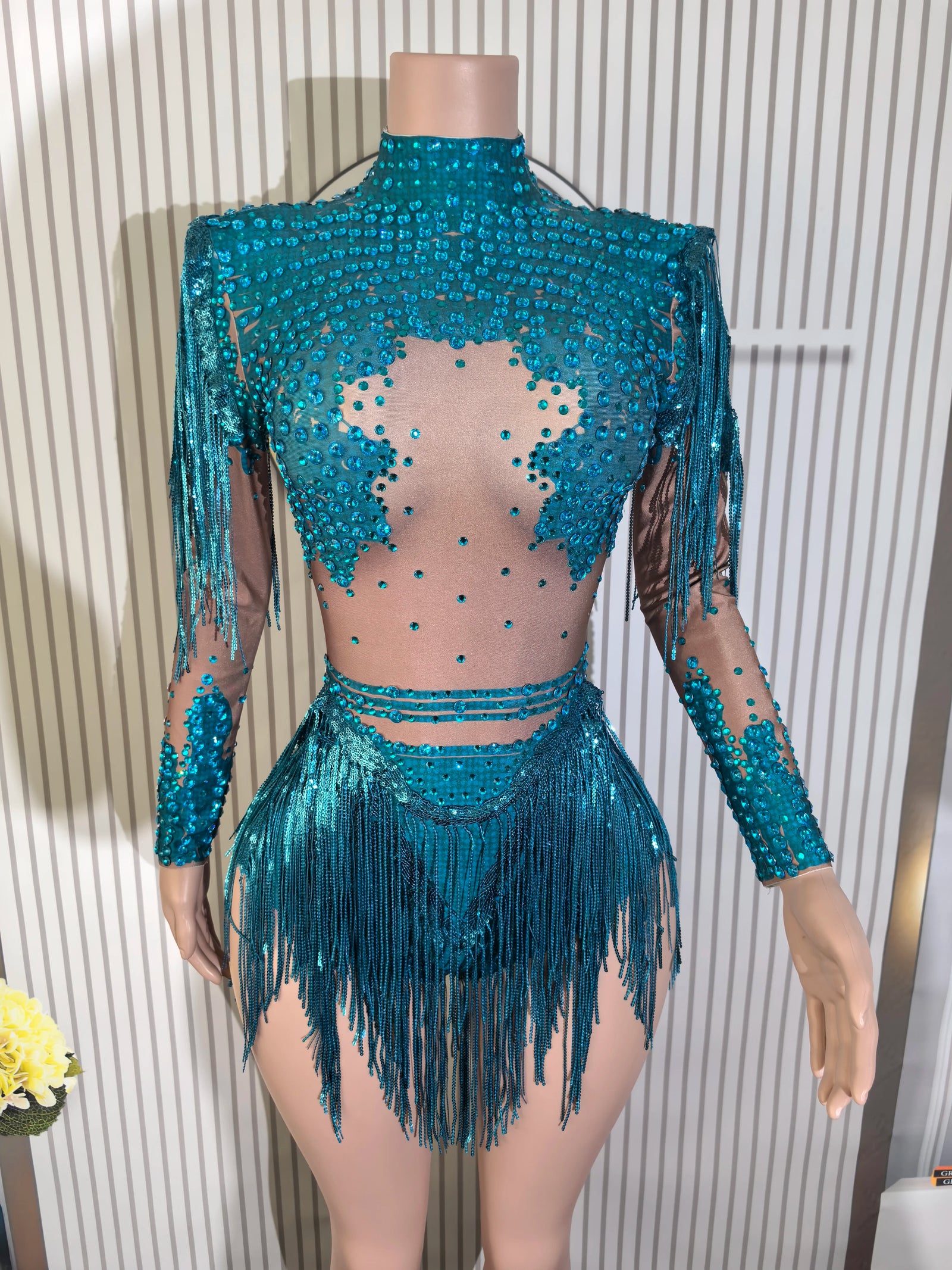 Women's Asymmetric Rhinestone Fringe Dance Bodysuit for Stage Performance Outfits