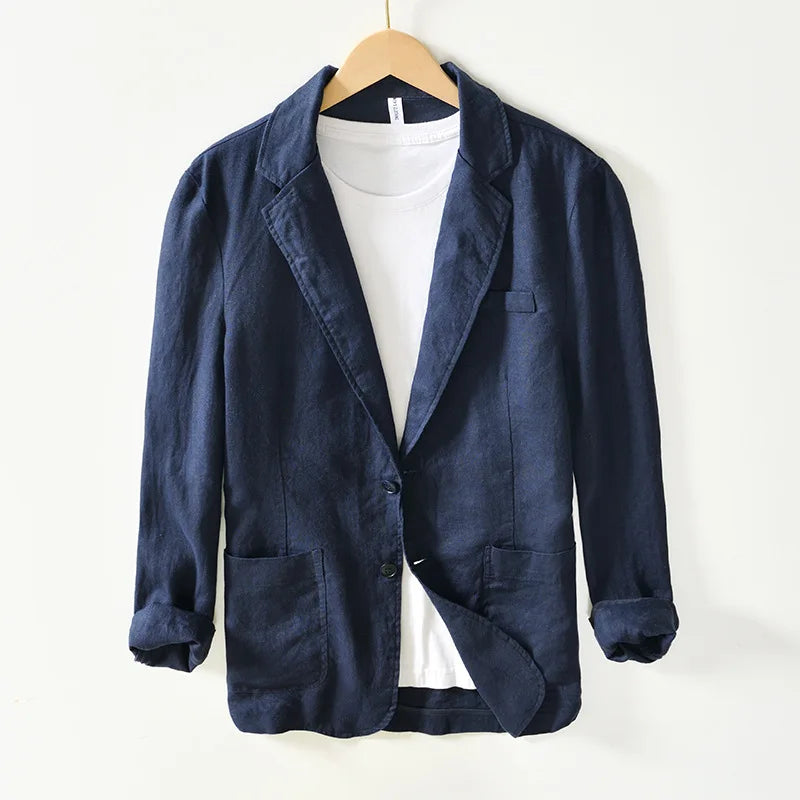 Men's Linen Single-Breasted Notched-Lapel Blazer with Long Sleeves for Smart Casual Outfits