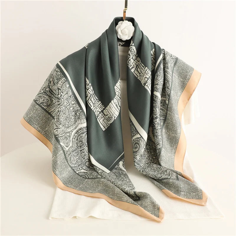 Printed Large Square Scarf with Decorative Border Designs