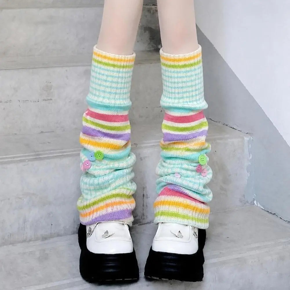 Pastel Striped Knit Leg Warmers with Decorative Floral Details