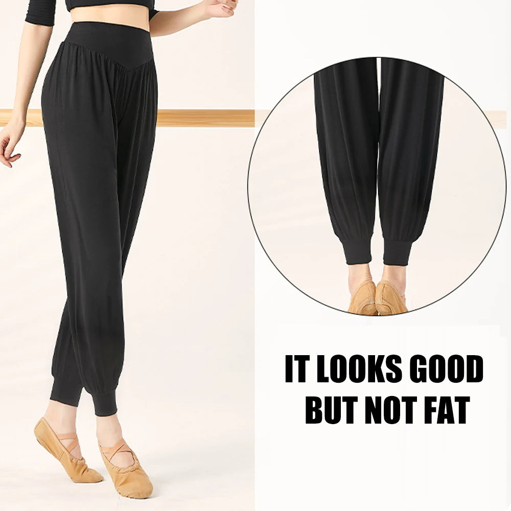 Women's High Waist Polyester Harem Dance Pants with Loose Legs and Gathered Ankles