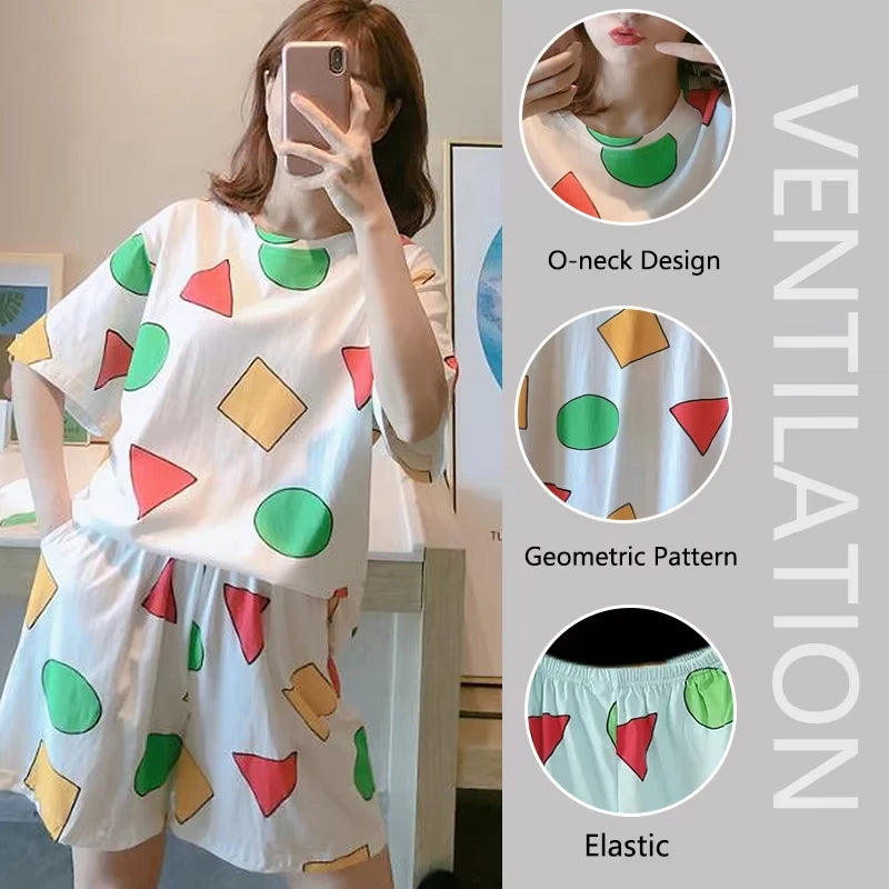 Women's Geometric Print Short Sleeve Pajama Set with Top and Shorts