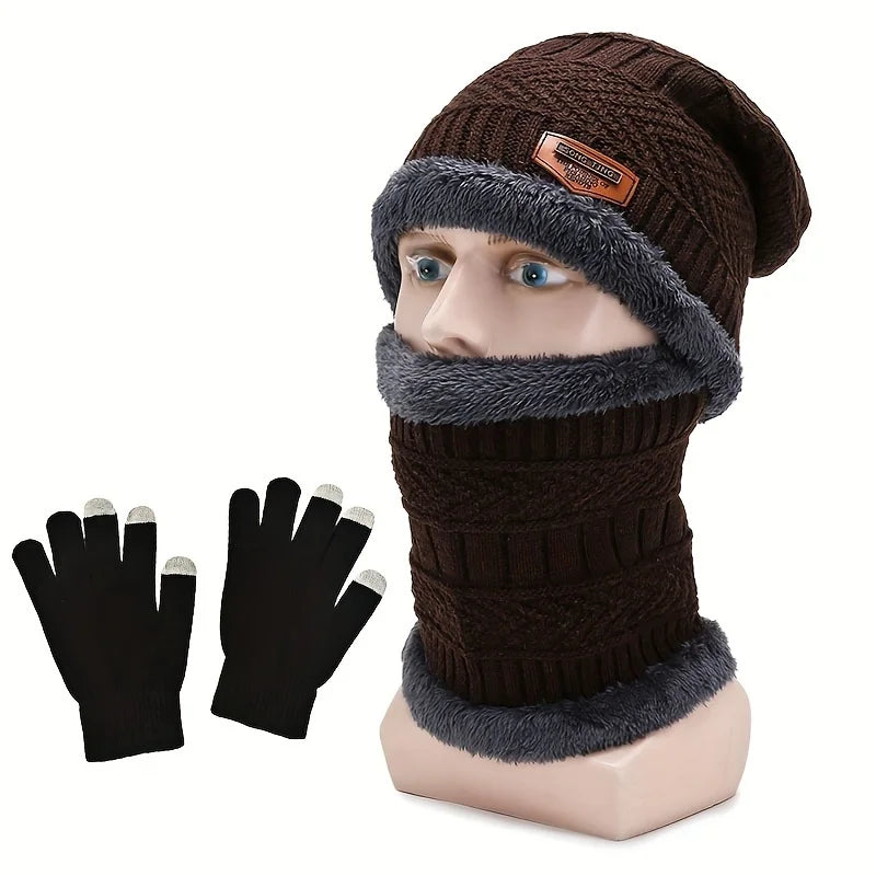 Knitted Beanie Hat Scarf and Touchscreen Gloves Set for Winter Wear