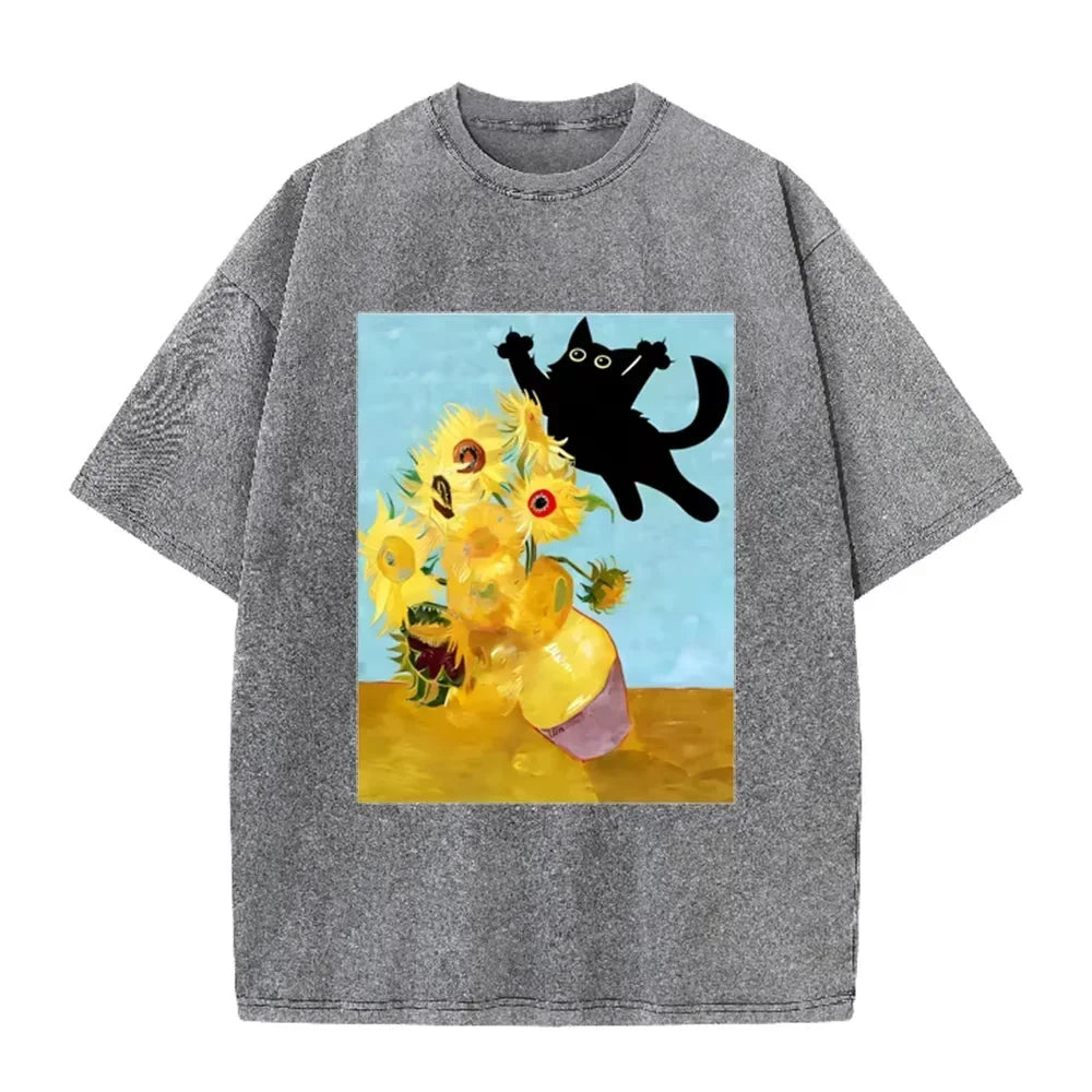 Van Gogh Sunflower Black Cat Parody Print Vintage Washed Purple Casual Art T Shirt