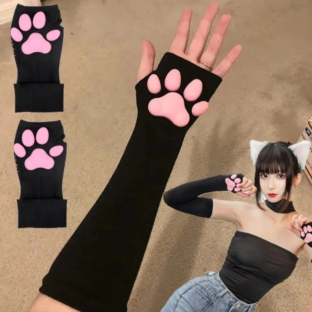 Long Fingerless Paw Gloves with Decorative Pink Pads