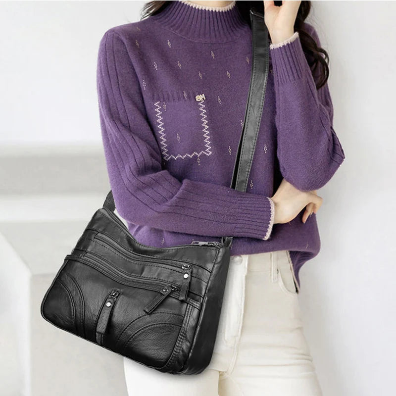 Multi-Zipper Crossbody Shoulder Bag with Adjustable Strap for Everyday Carry