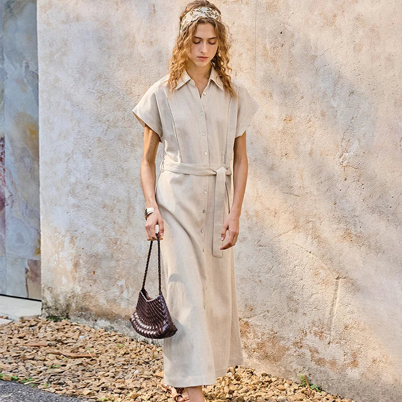 Women's Linen-Lyocell Collared Short-Sleeve Ankle-Length Shirt Dress with Tie Detail and Buttons