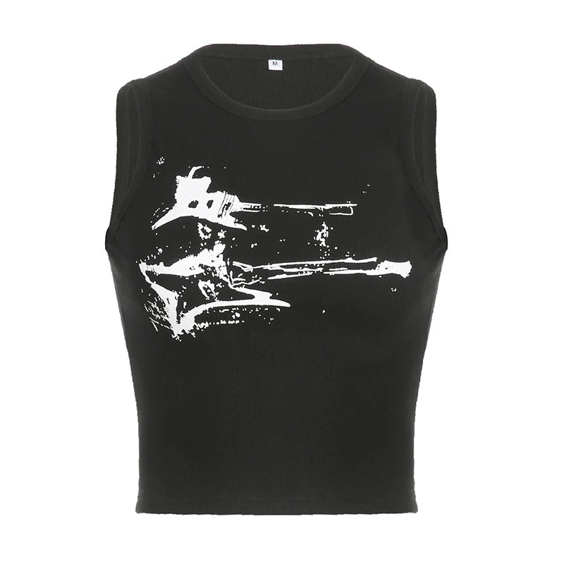 Women's Guitar Print Polyester Blend Crop Tank Top with Round Neck