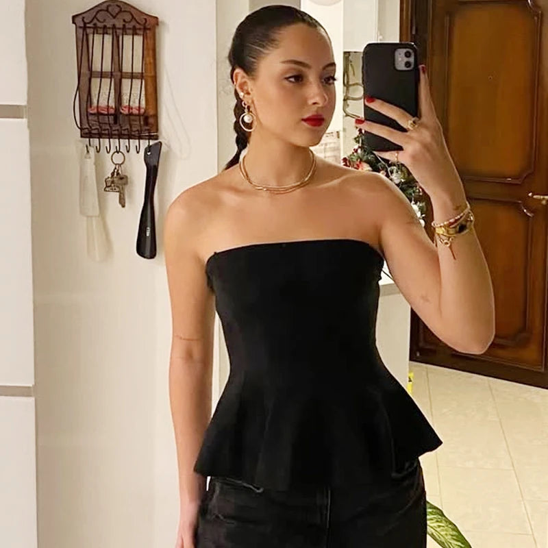 Women's Strapless Crop Top with a Ruffle Hem and Fitted Bodice