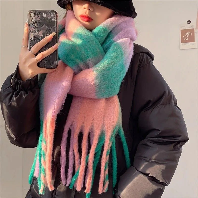 Multicolor Plaid Scarf with Long Shape and Fringed Ends