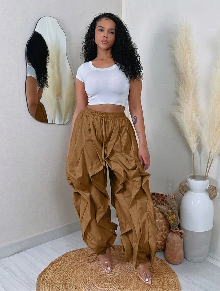 Women's Ruched Cargo Pants with Drawstring Waist and Gathered Cuffs