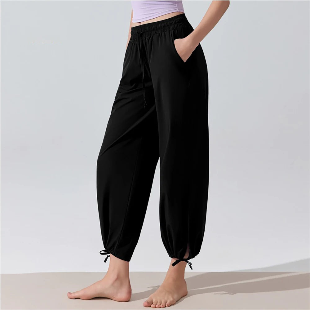 Women's High Waist Workout Pants with Wide Harem Legs and Cuffed Ankles