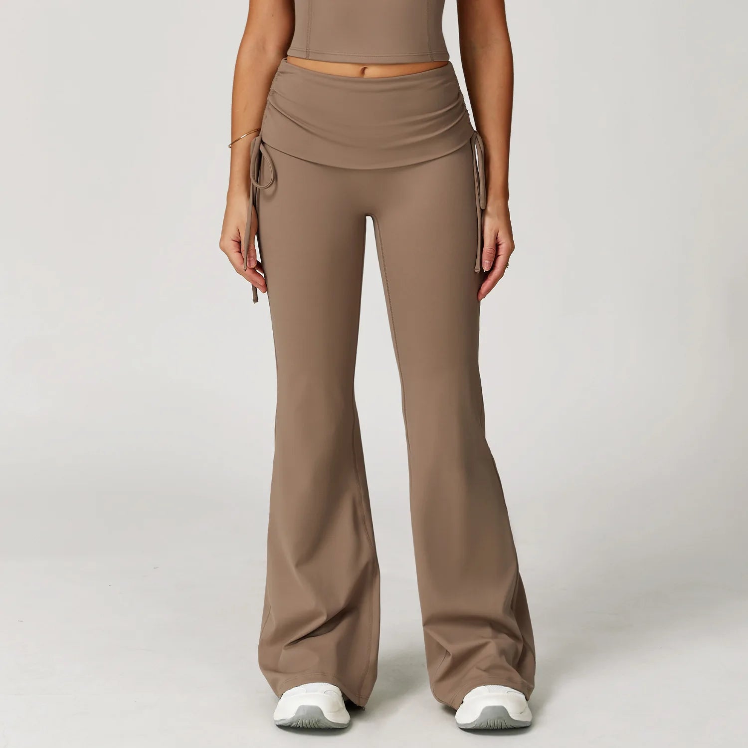 Women's Ruched Skirt Overlay Nylon Blend Flared Pants with Side Drawcords