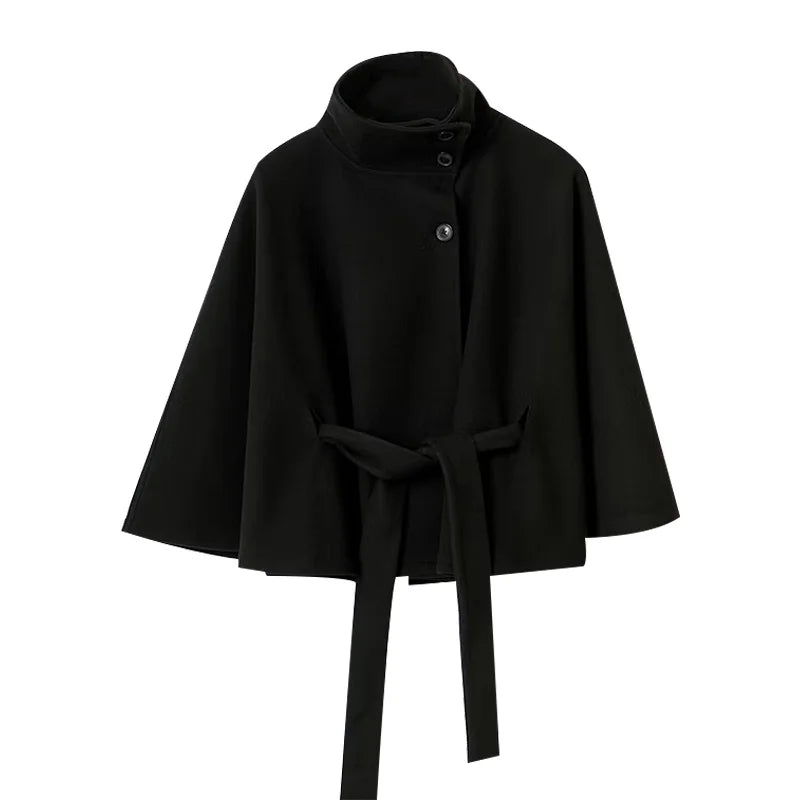 Belted Stand Collar Cape for Layering over Outfits