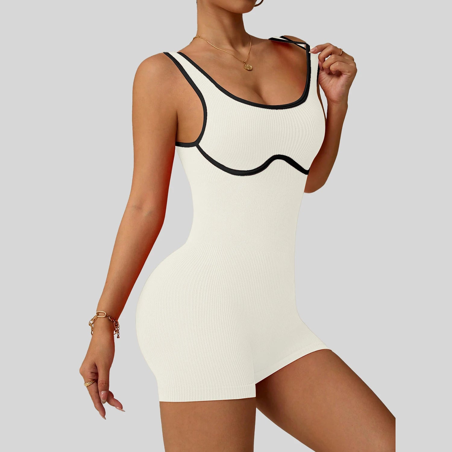 Women's Ribbed Nylon Blend Workout Romper with Contrast Trim and Scoop Neck