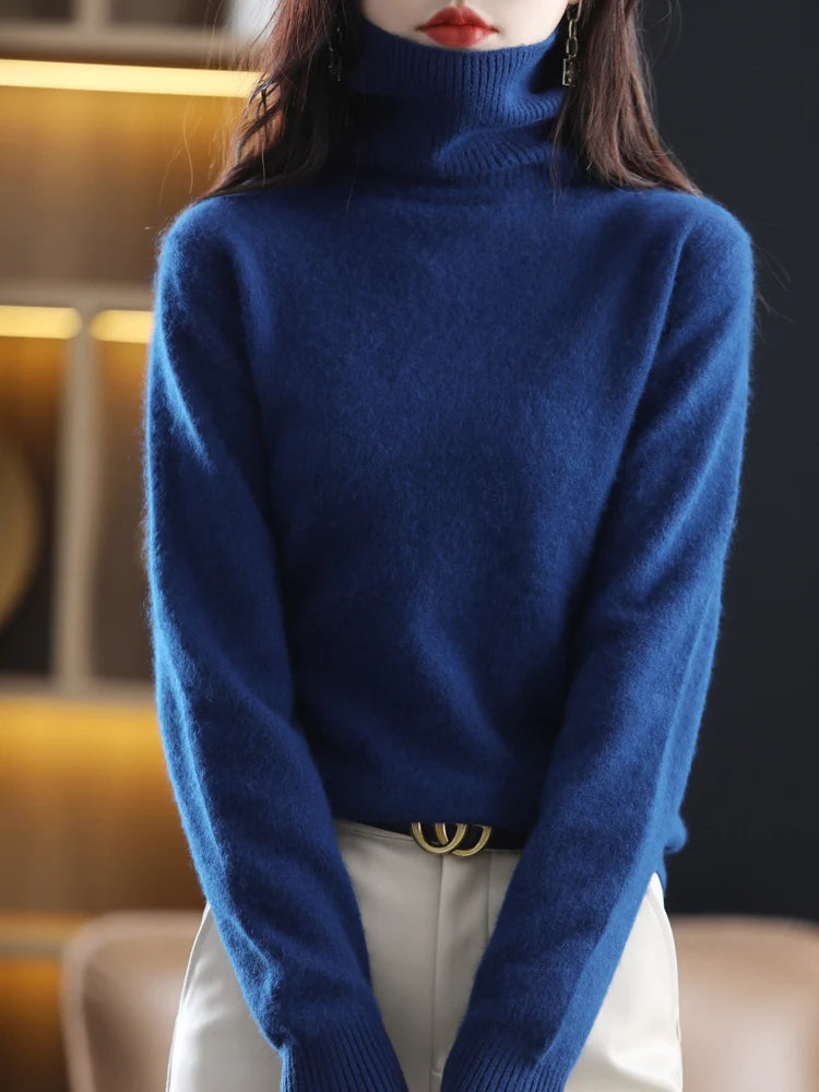 Women's Plain Roll Neck Long Sleeve Sweater Casual Knit Layer