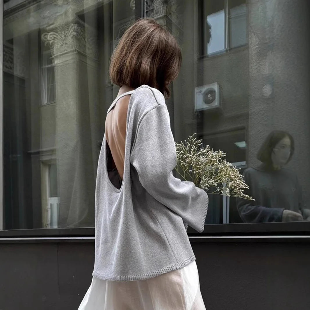 Women's Open Back Strap Batwing Sleeve Sweater Casual Knit Layer