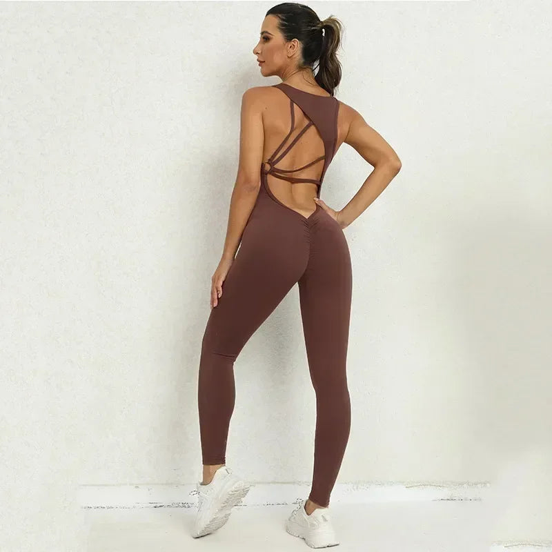 Women's Cross Back Workout Jumpsuit with Front Keyhole and Fitted Legs