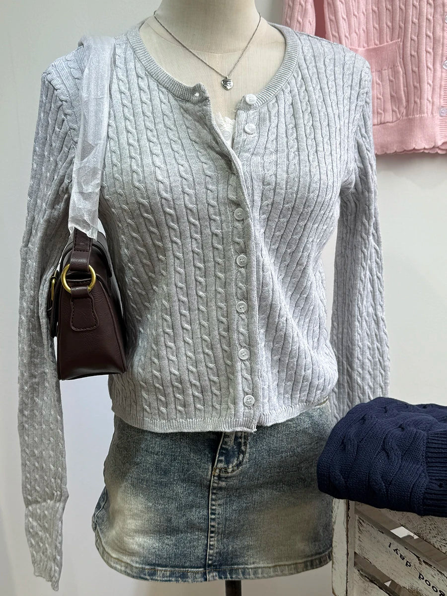 Women's Round Neck Button Front Cardigan Casual Knit Layer