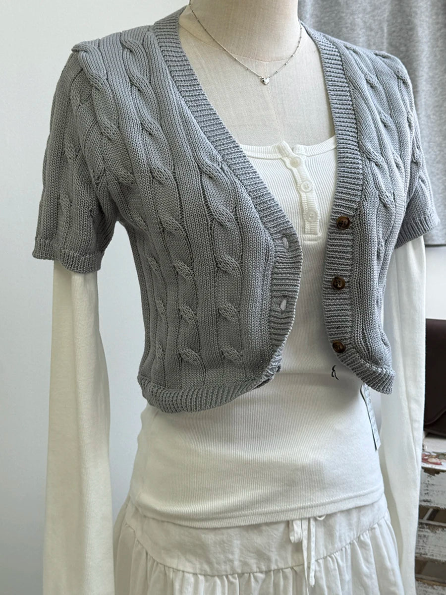 Women's Cropped V Neck Button Front Cardigan Casual Knit Layer