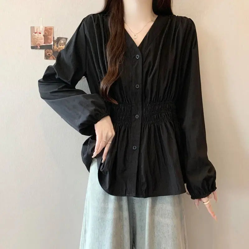 Women's Smocked Waist V Neck Button Front Blouse