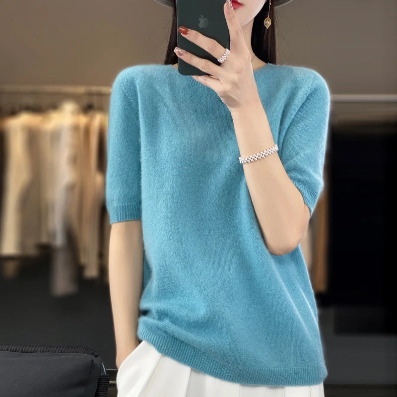 Women's Crew Neck Short Sleeve Sweater Casual Knit Layer