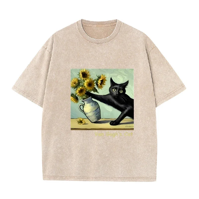Funny  s Cat Sunflower Art Print Vintage Washed Black Casual Top