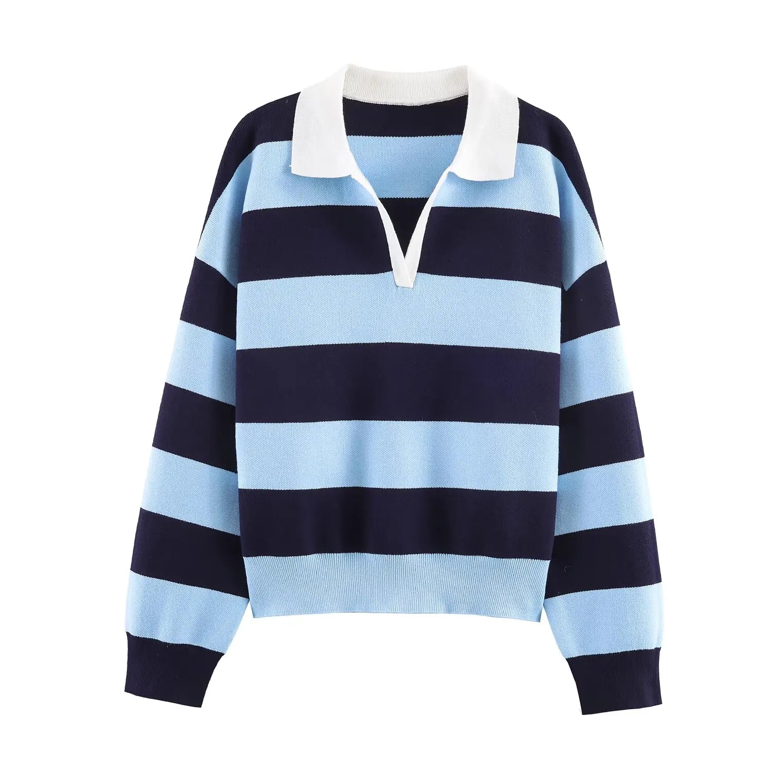 Women's Striped Polo Collar Loose Fit Sweater Casual Knit Layer