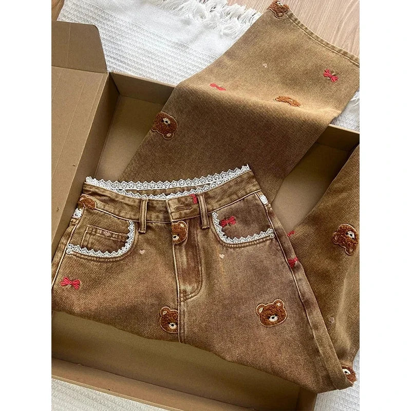 Women's Teddy Embroidered Brown Denim Denim Jeans For Everyday Outfits