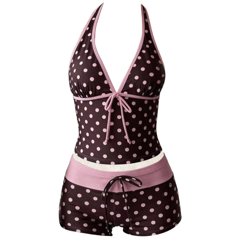 Polka Dot Halter Tankini with Swim Shorts
