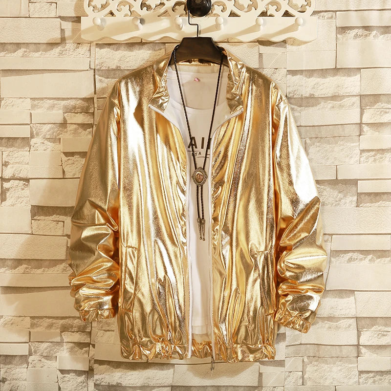 Metallic Finish Long Sleeve Front Zip Casual Bomber Jacket