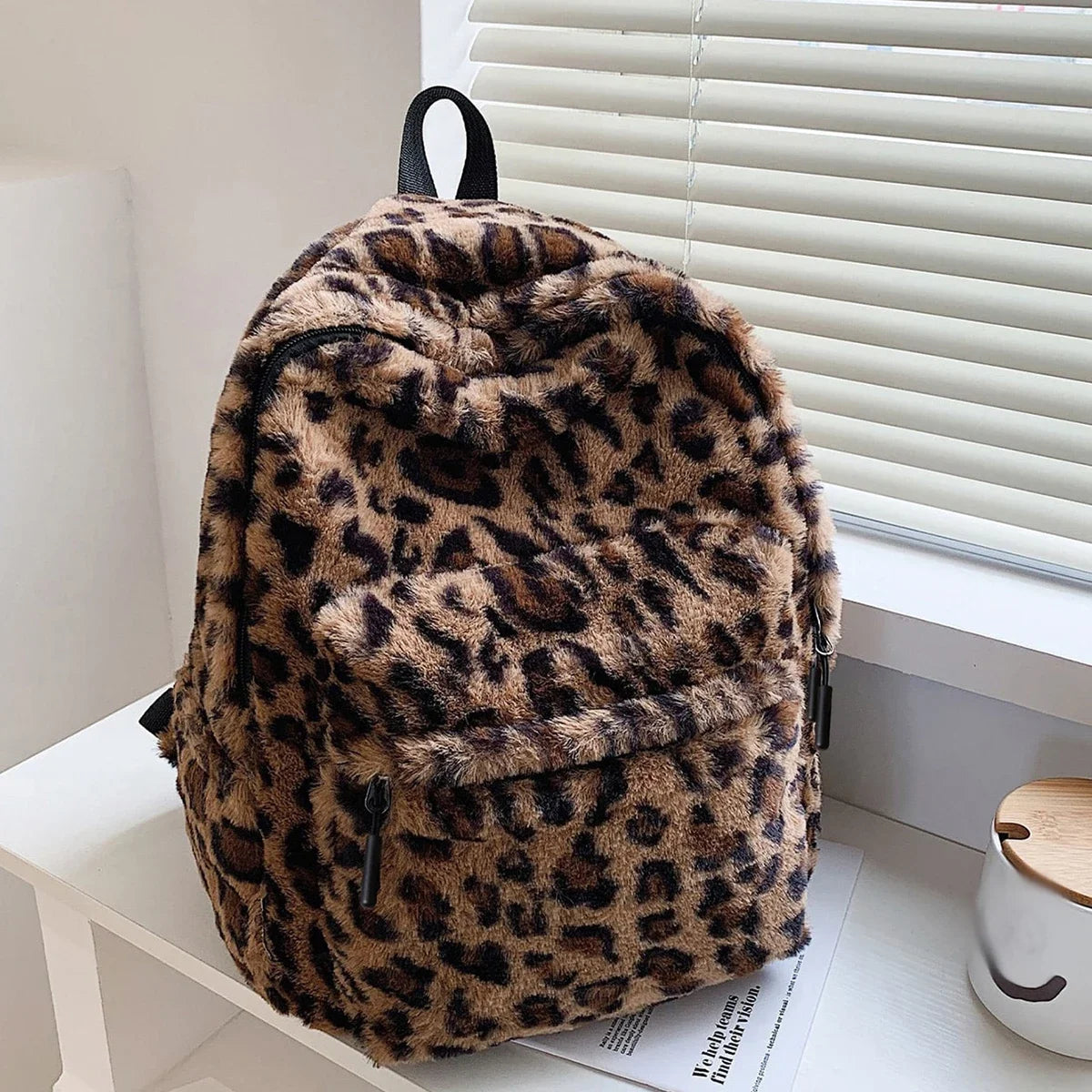 Women's Plush Leopard Print Backpack with Zipper and Adjustable Shoulder Straps