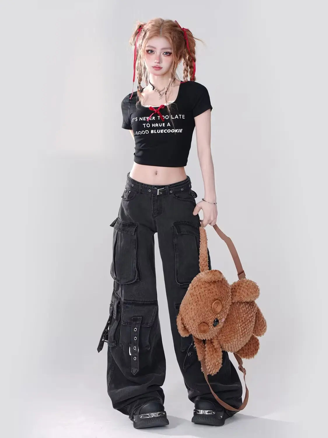 Women's Cargo Pants with Washed Look and Strap Pocket Details